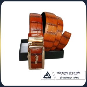 Thắt lưng da bò dập vân cá sấu màu nâu vàng